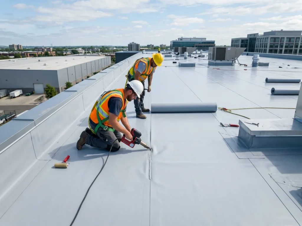 Commercial flat membrane roof on a St. Louis warehouse with HVAC units and heat-welded seams